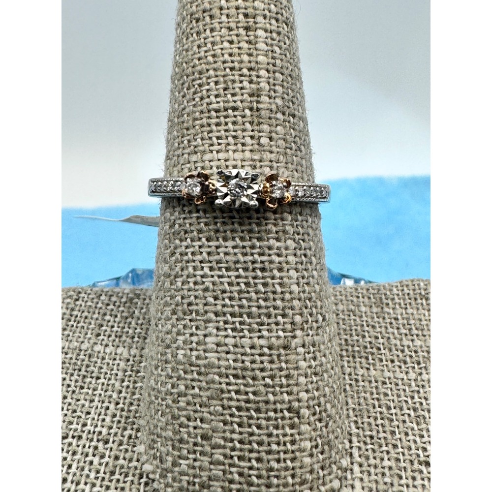 Sterling Silver Diamond Floral Accent Ring Size 7.25 Rose Gold Tone